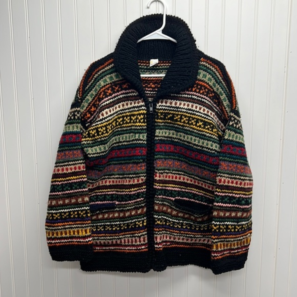 Handmade 100% Wool  Cardigan Full Zip Sweater‎ Multi Color Sz L